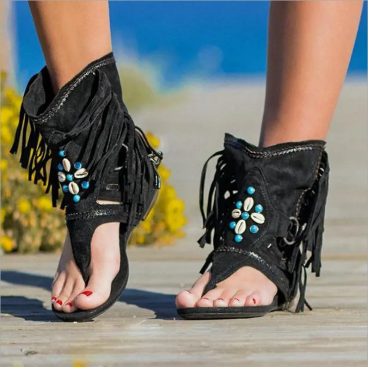 Sandals Retro Gladiator Ladies Clip Toe Vintage Boots Casual Tassel Rome Summer Shoes Female New