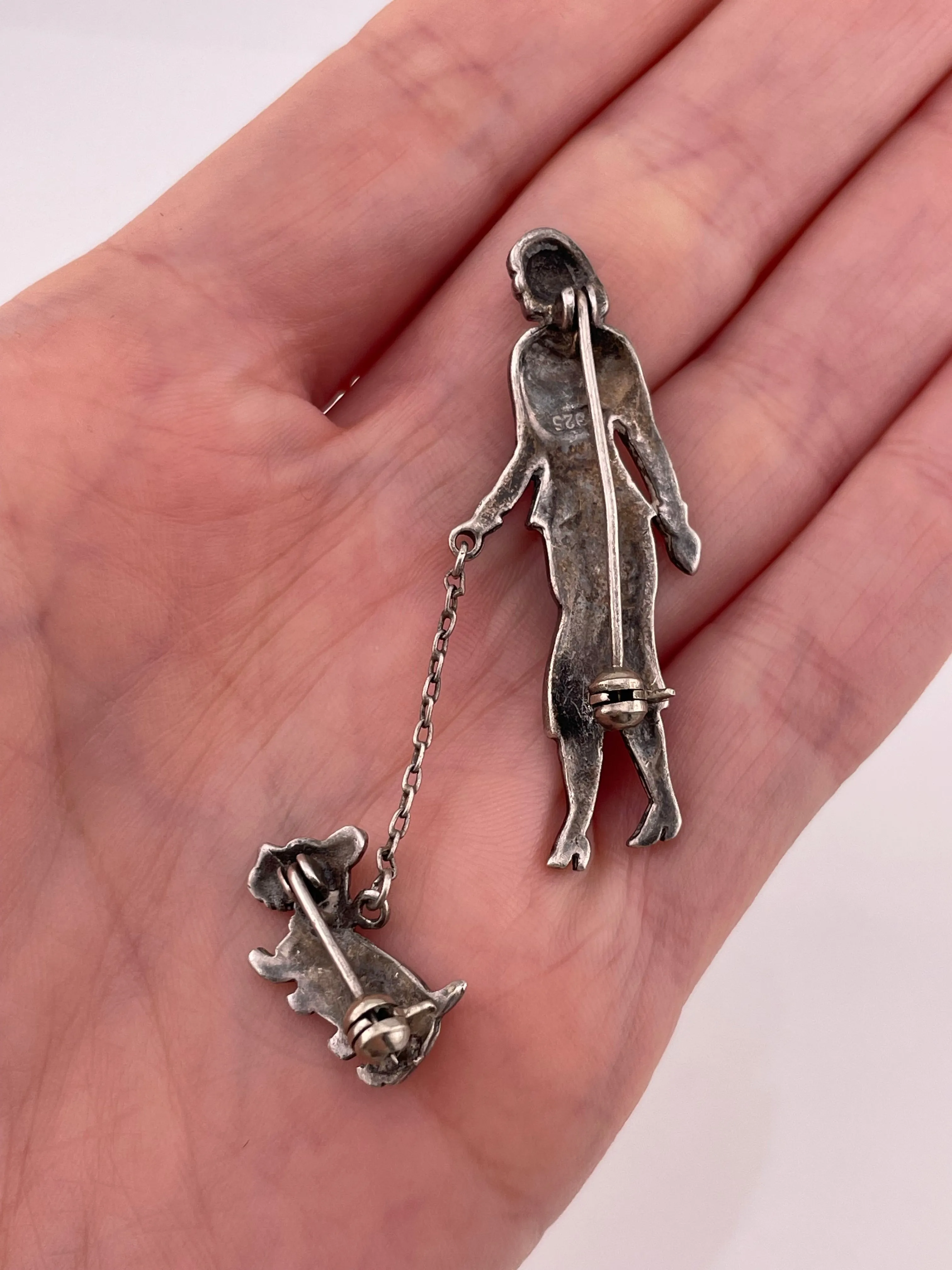 sterling silver marcasite woman walking dog brooch pin