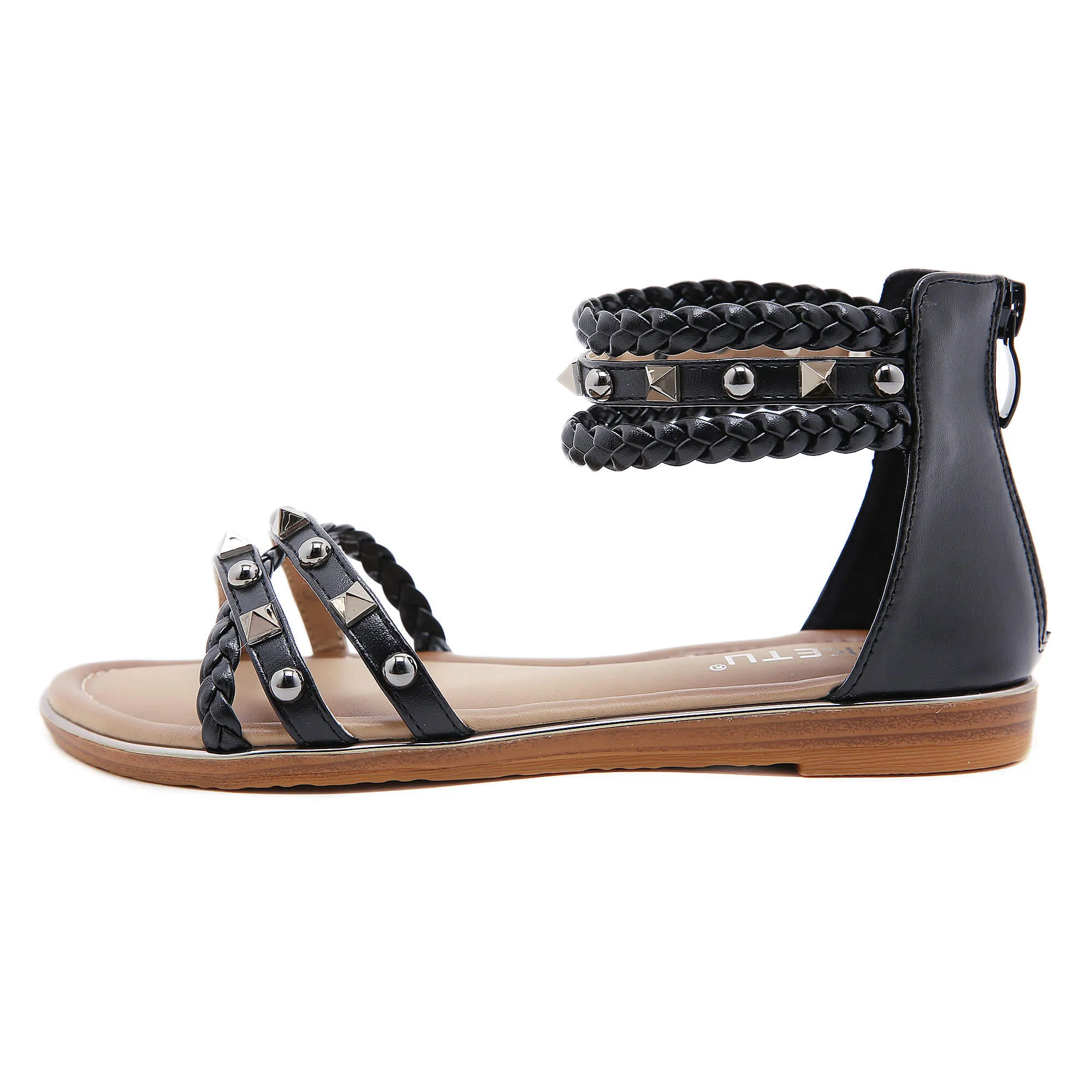 Stud Braided Ankle-Strap Sandals - Siketu