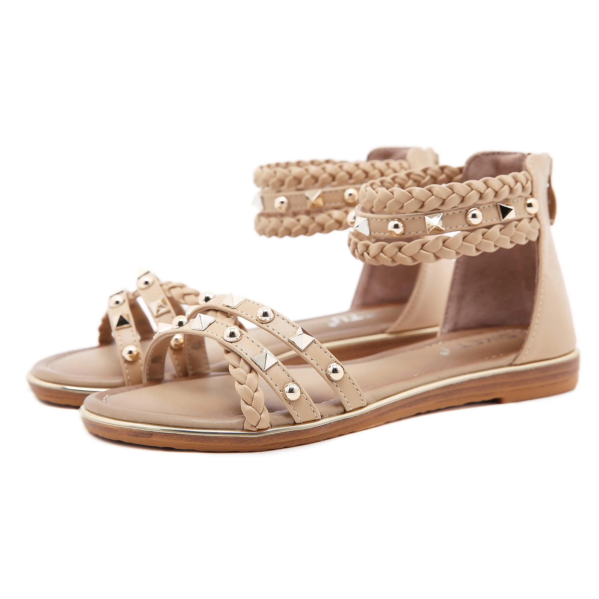 Stud Braided Ankle-Strap Sandals - Siketu
