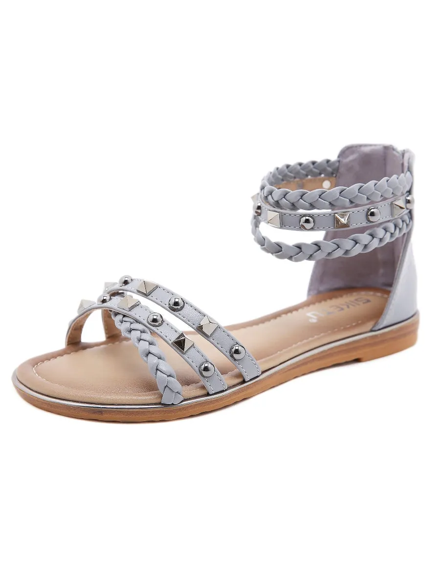 Stud Braided Ankle-Strap Sandals - Siketu