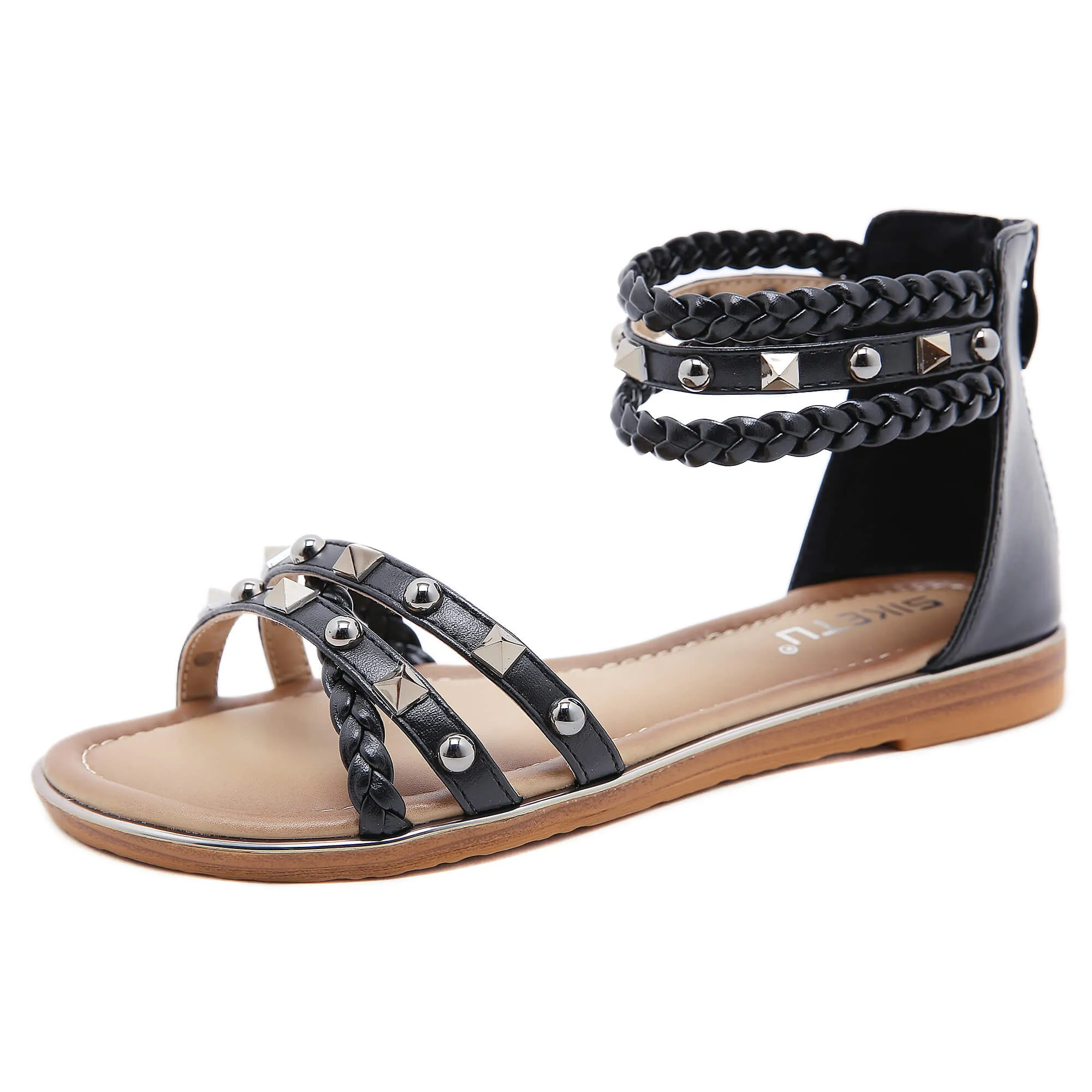 Stud Braided Ankle-Strap Sandals - Siketu