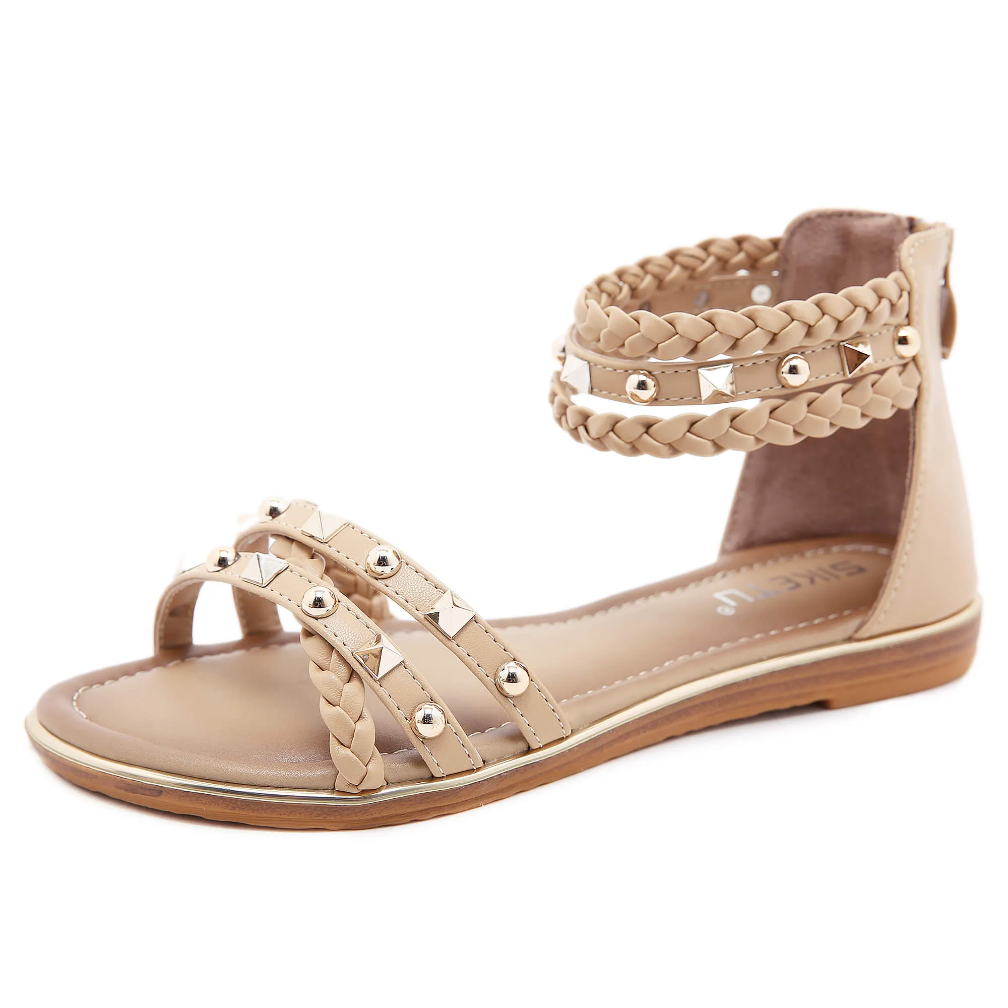 Stud Braided Ankle-Strap Sandals - Siketu