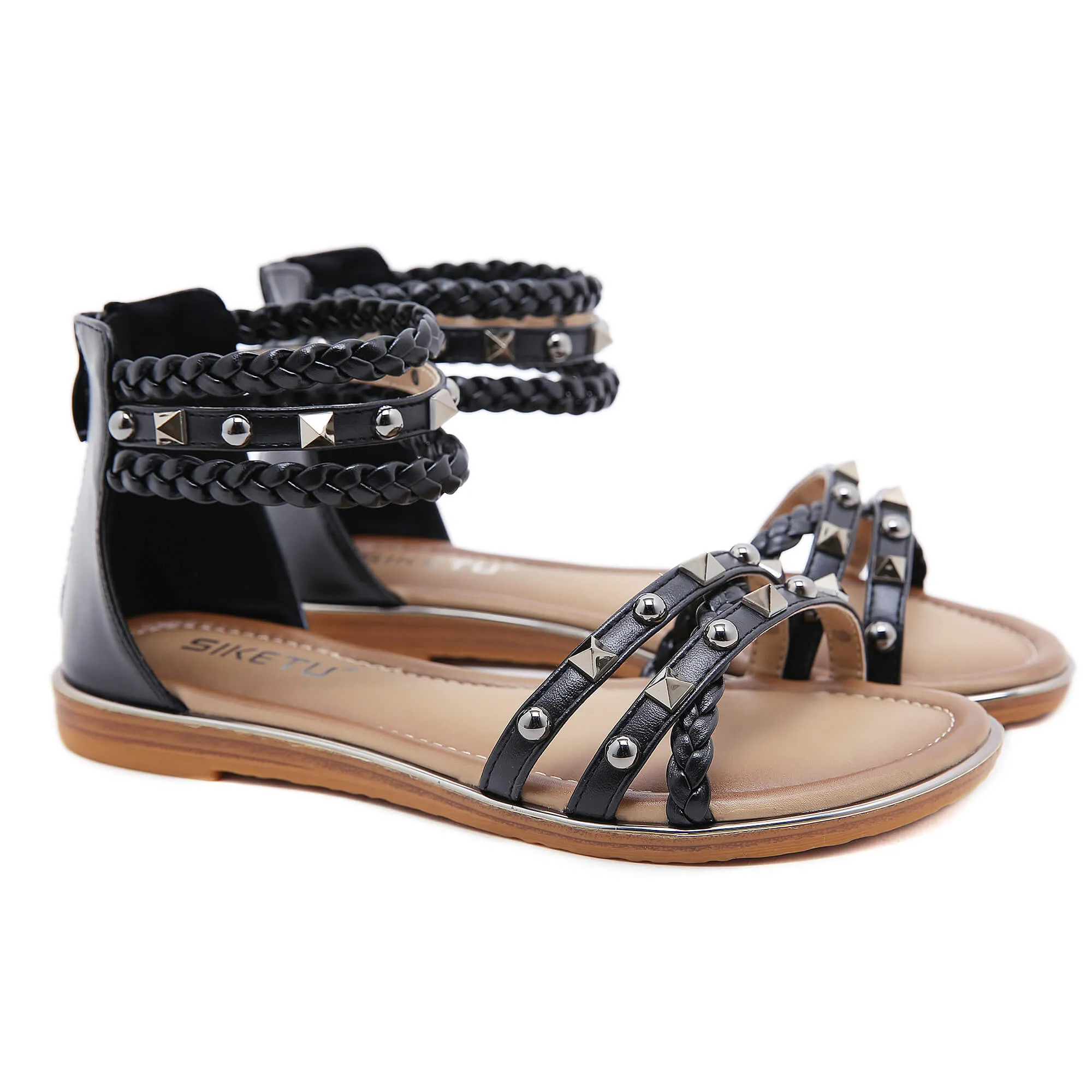 Stud Braided Ankle-Strap Sandals - Siketu