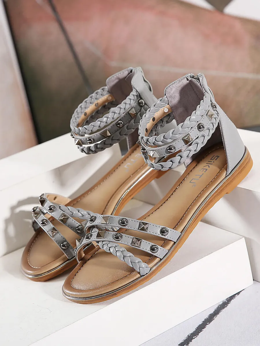 Stud Braided Ankle-Strap Sandals - Siketu