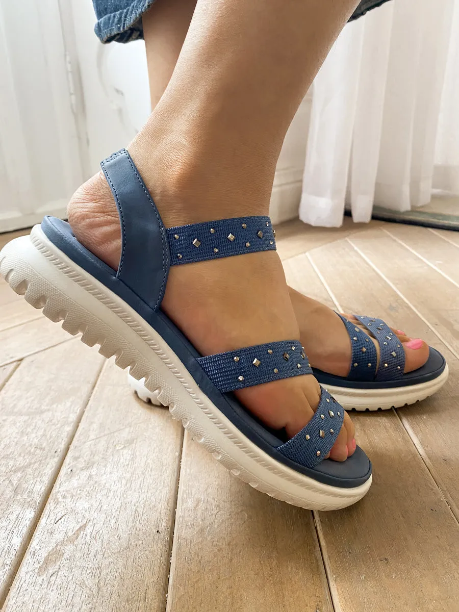 Studded Strap Rubber Sole Strappy Sandals - Navy