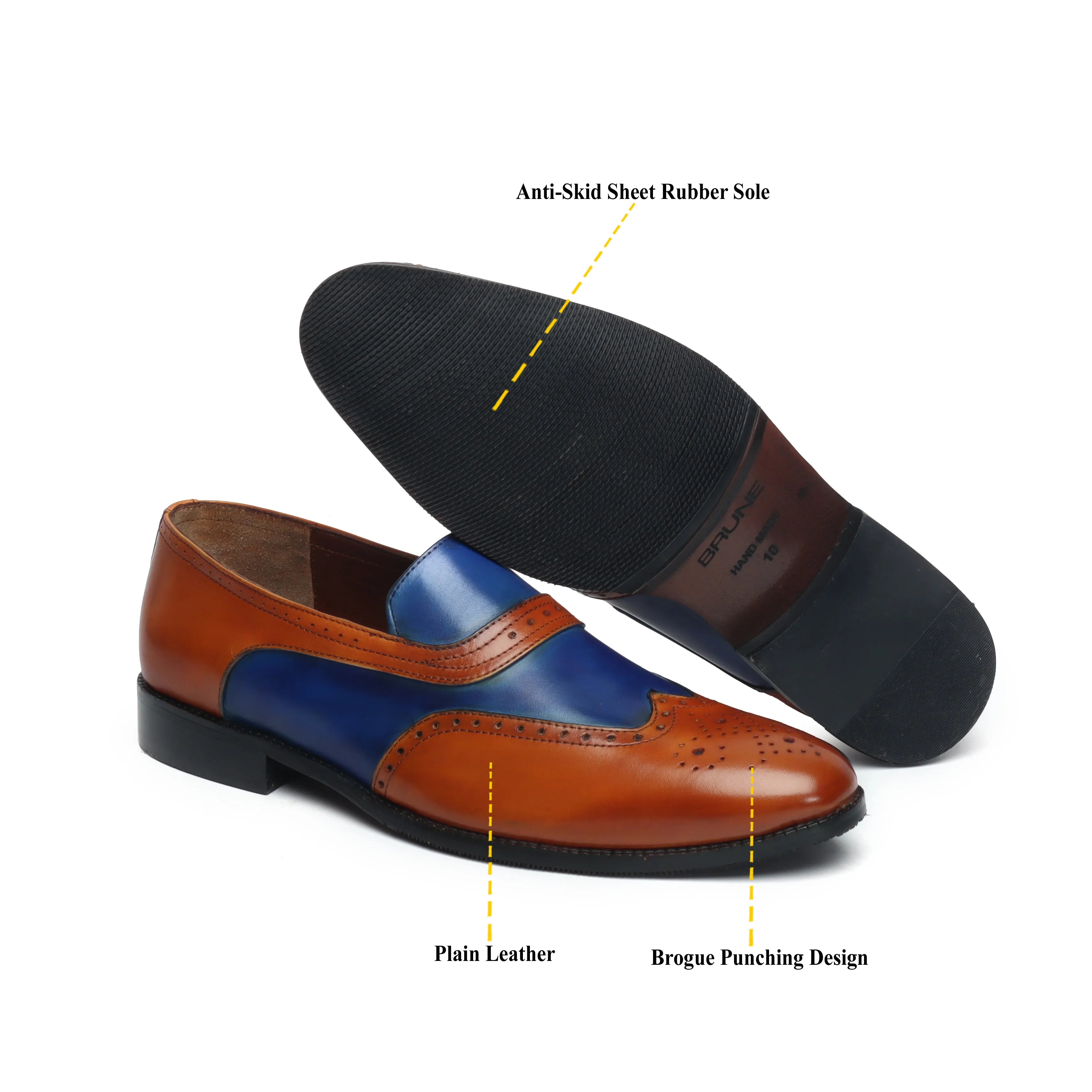 Tan-Blue Leather Sassy Slip-On Shoes
