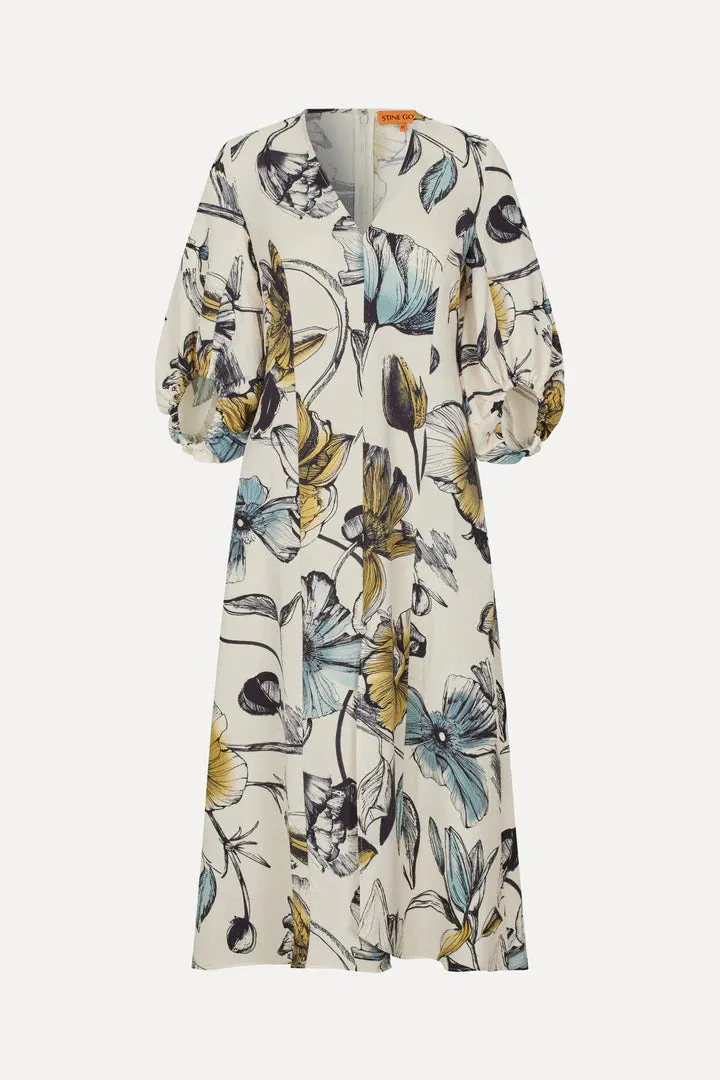 Three-Quarter Sleeve Midi Dress - Fine Line Poppies by Stine Goya