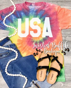 {ULTRA SOFT TIE DYE USA} Multi-Colored Acid Wash Crew Neck Tee