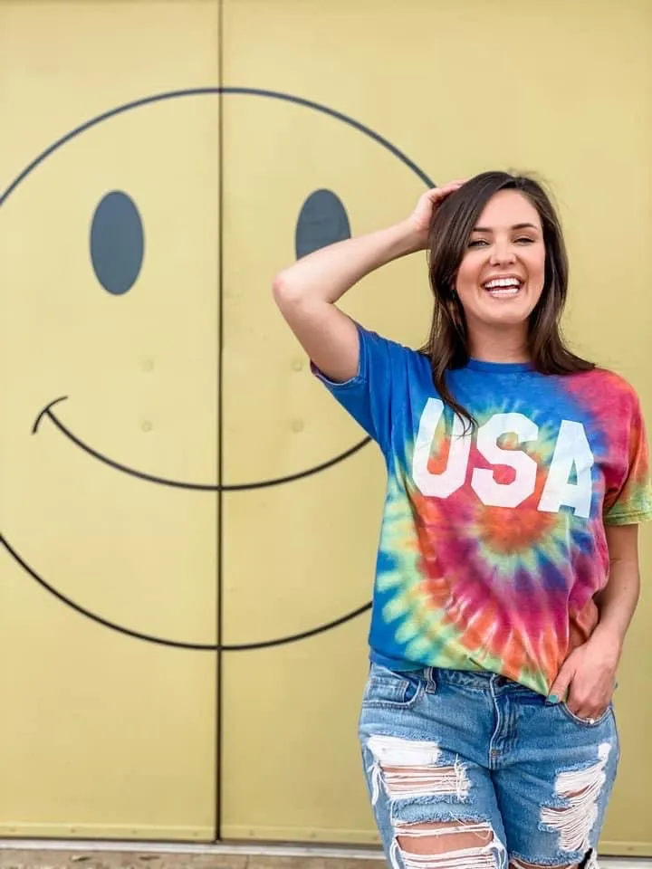 {ULTRA SOFT TIE DYE USA} Multi-Colored Acid Wash Crew Neck Tee