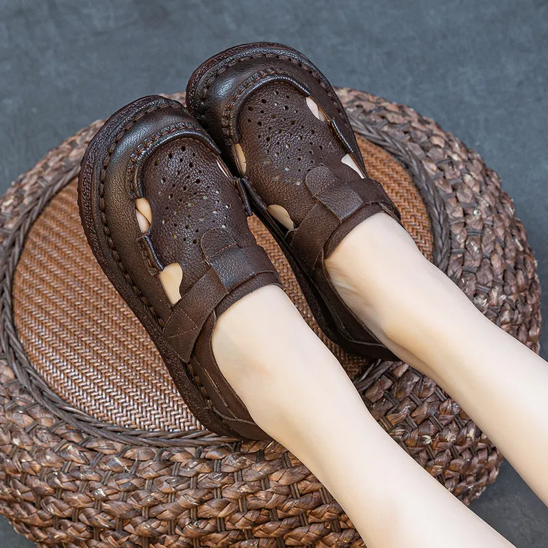 Women Summer Genuine Leather Flat Sole Cut-Out Velcro Sandals