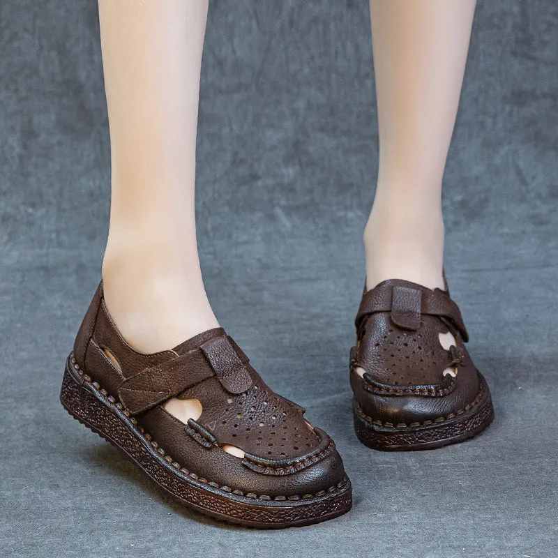 Women Summer Genuine Leather Flat Sole Cut-Out Velcro Sandals