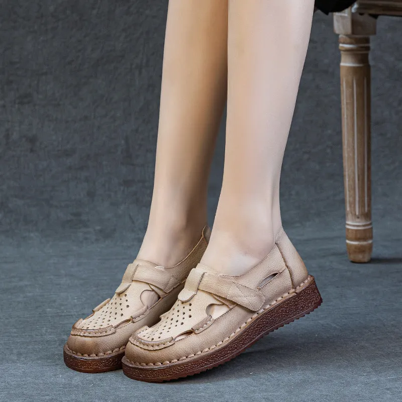 Women Summer Genuine Leather Flat Sole Cut-Out Velcro Sandals