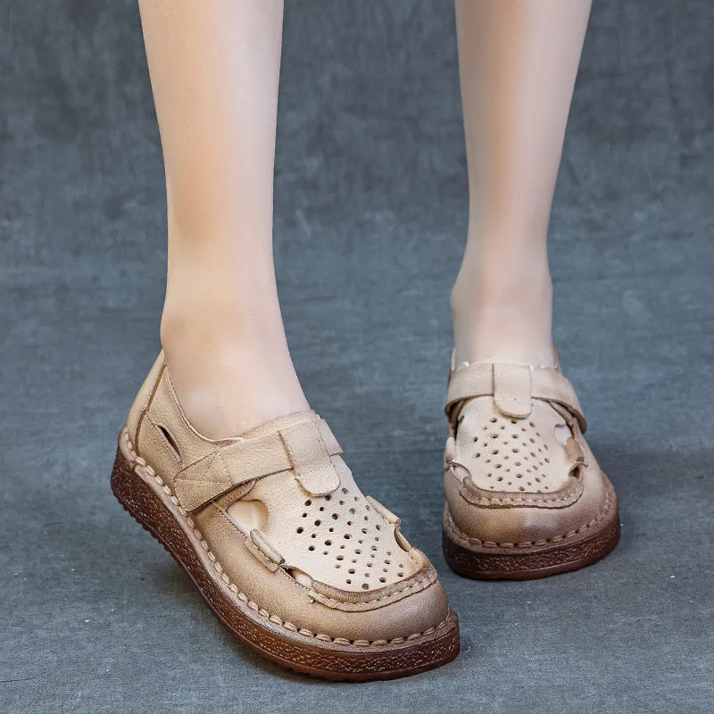 Women Summer Genuine Leather Flat Sole Cut-Out Velcro Sandals