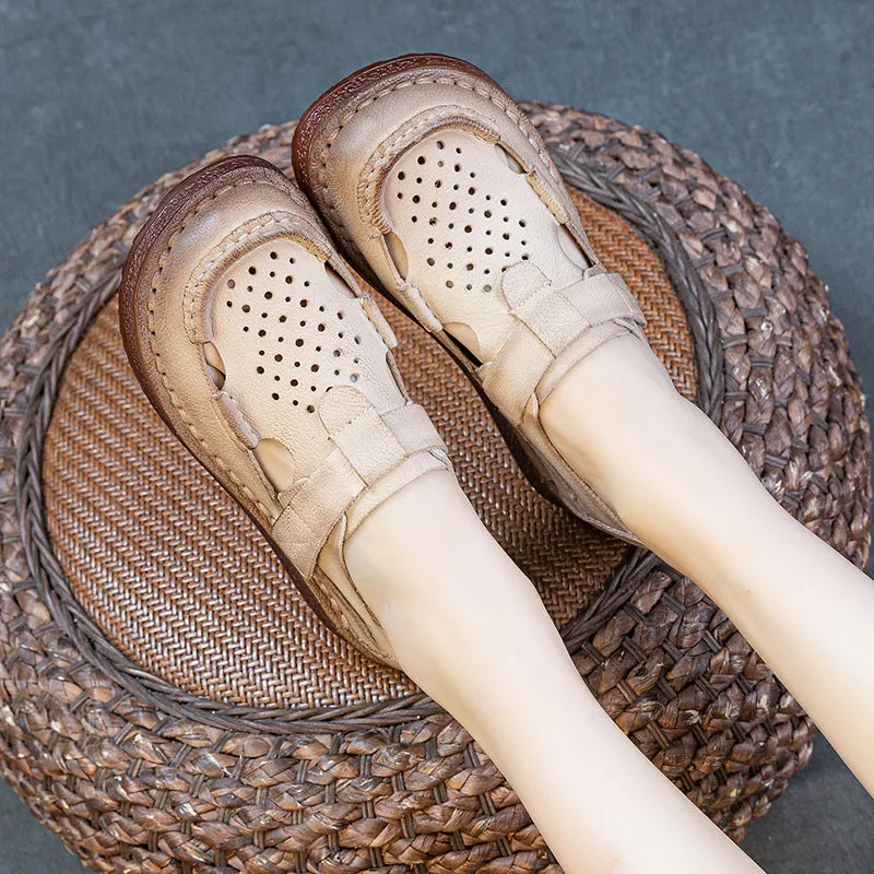 Women Summer Genuine Leather Flat Sole Cut-Out Velcro Sandals