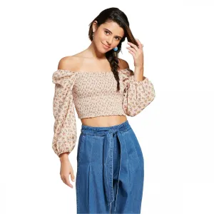 Xhilaration Women's Floral Print Square Neck Long Sleeve Smocked Blouse Top